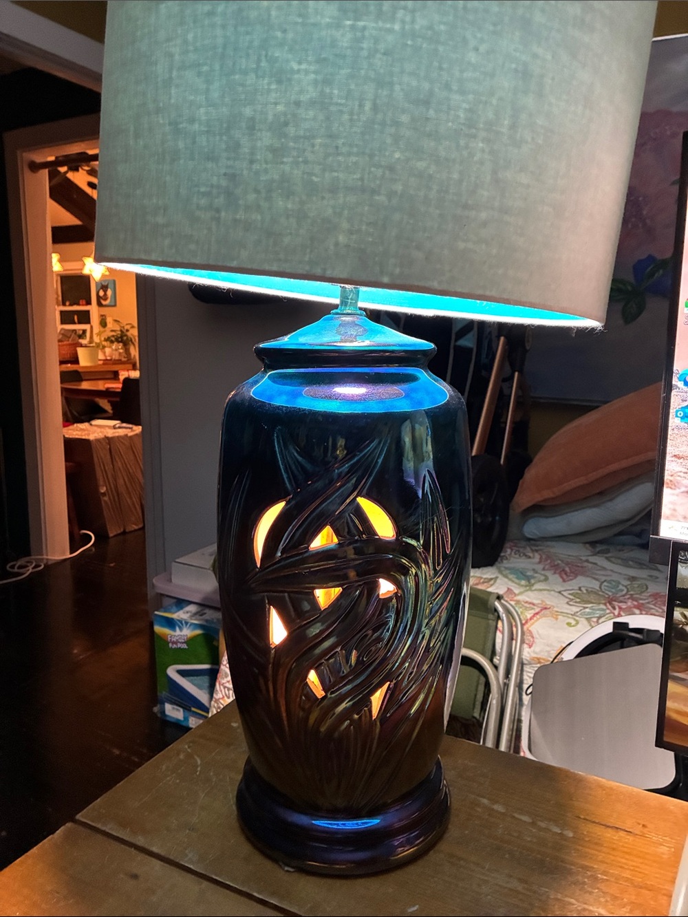 Rare Carnival Glass Iridescent Carved Pattern Matching Lamps